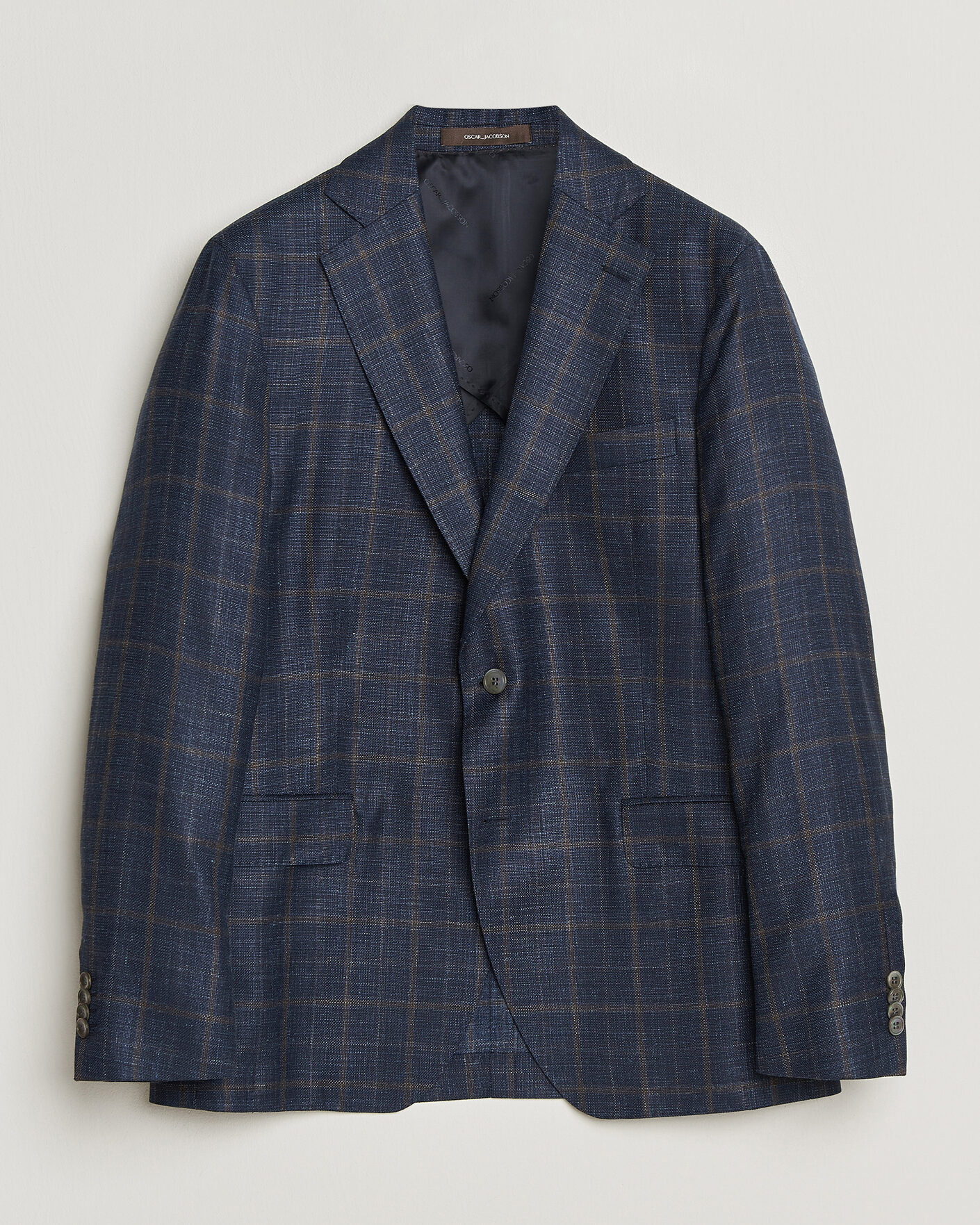 Men | Blazers | Oscar Jacobson | Ferry Patch Loro Piana Summertime Checked Blazer Navy