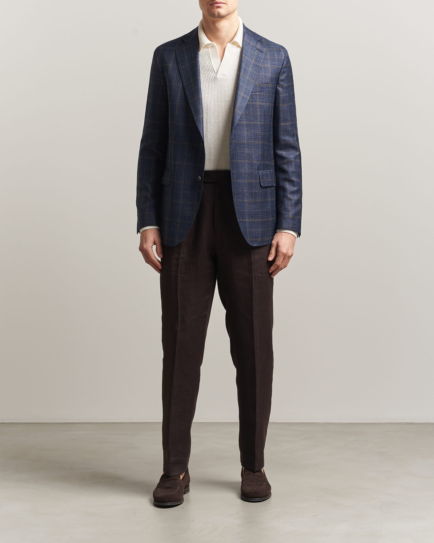 Men | Blazers | Oscar Jacobson | Ferry Patch Loro Piana Summertime Checked Blazer Navy
