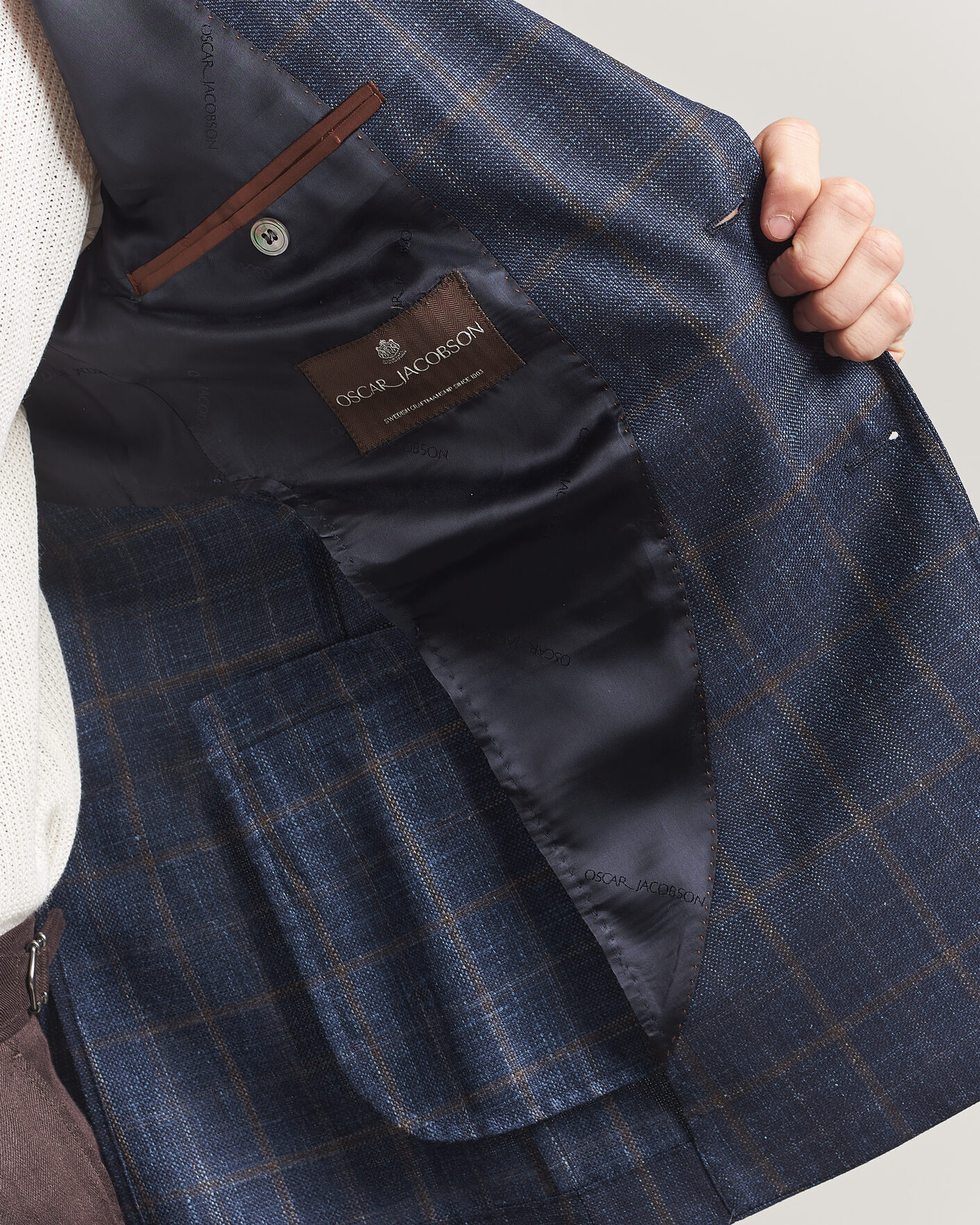 Men | Blazers | Oscar Jacobson | Ferry Patch Loro Piana Summertime Checked Blazer Navy