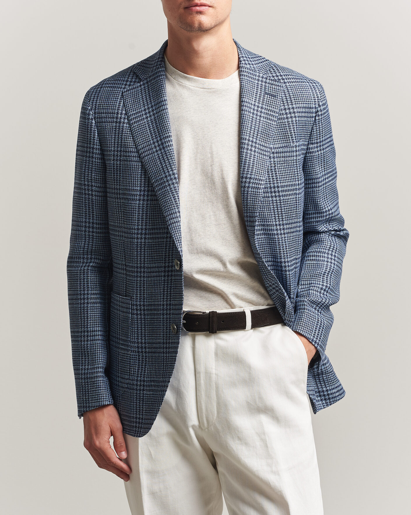 Men | Blazers | Oscar Jacobson | Ferry Patch Soft Checked Linen/Wool Blazer Blue