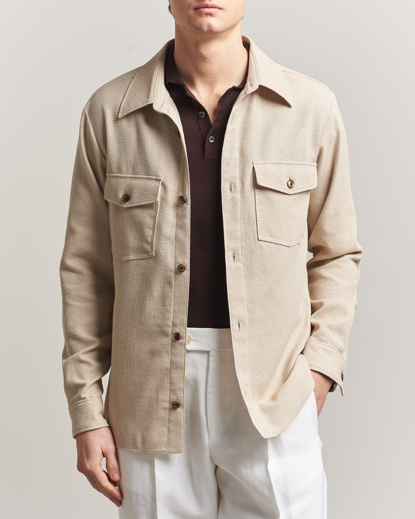 Men | Shirts | Oscar Jacobson | Magnus Structure Cotton Overshirt Beige