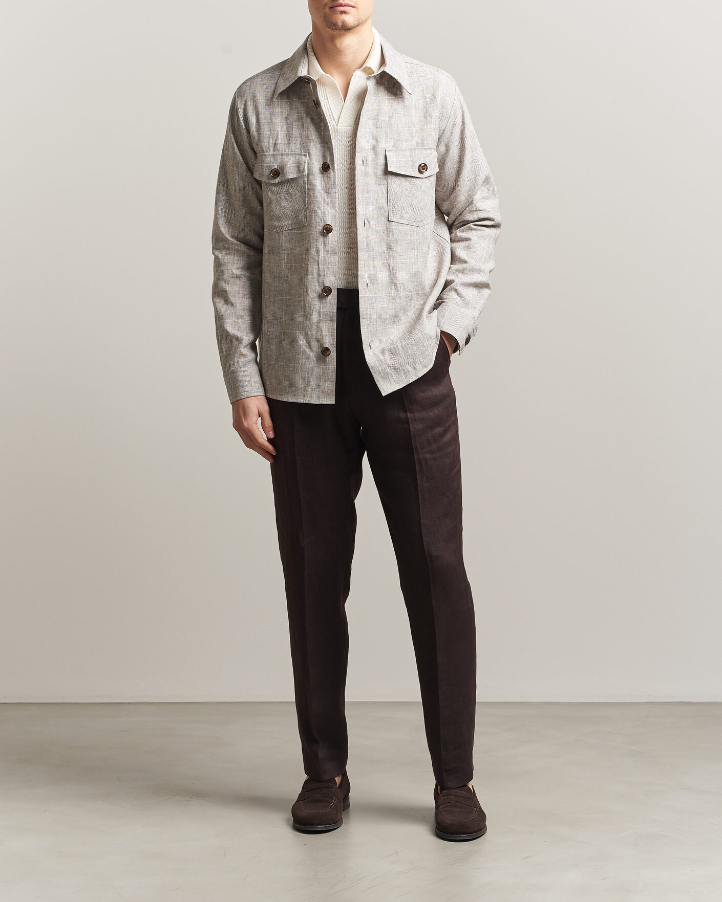 Men | Shirts | Oscar Jacobson | Magnus Checked Linen Overshirt Beige
