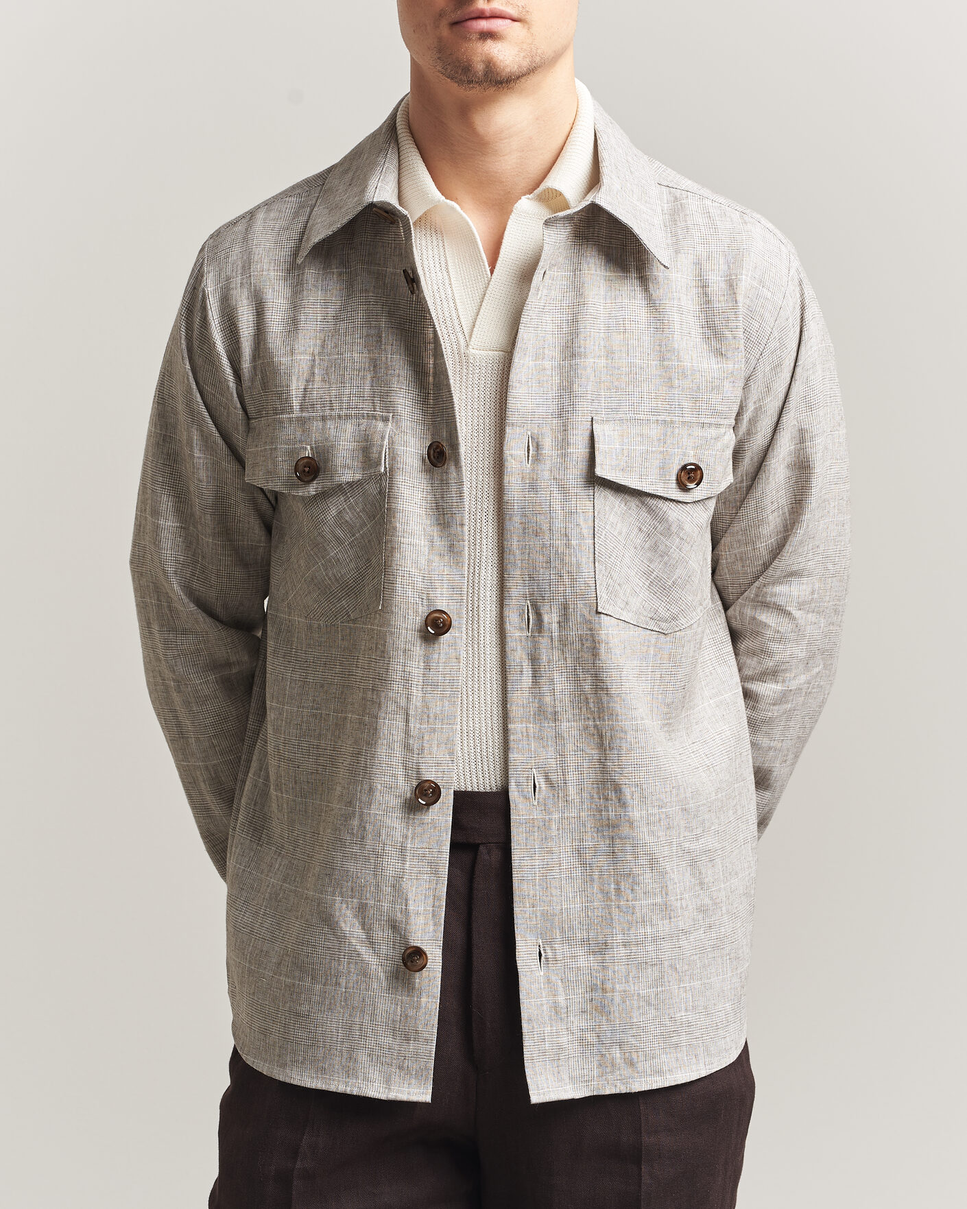 Men | Shirts | Oscar Jacobson | Magnus Checked Linen Overshirt Beige