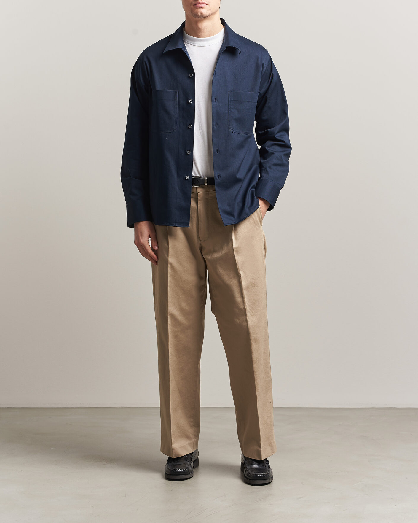 Men | Shirts | Oscar Jacobson | Straight Fit Bowling Collar Cotton Shirt Navy