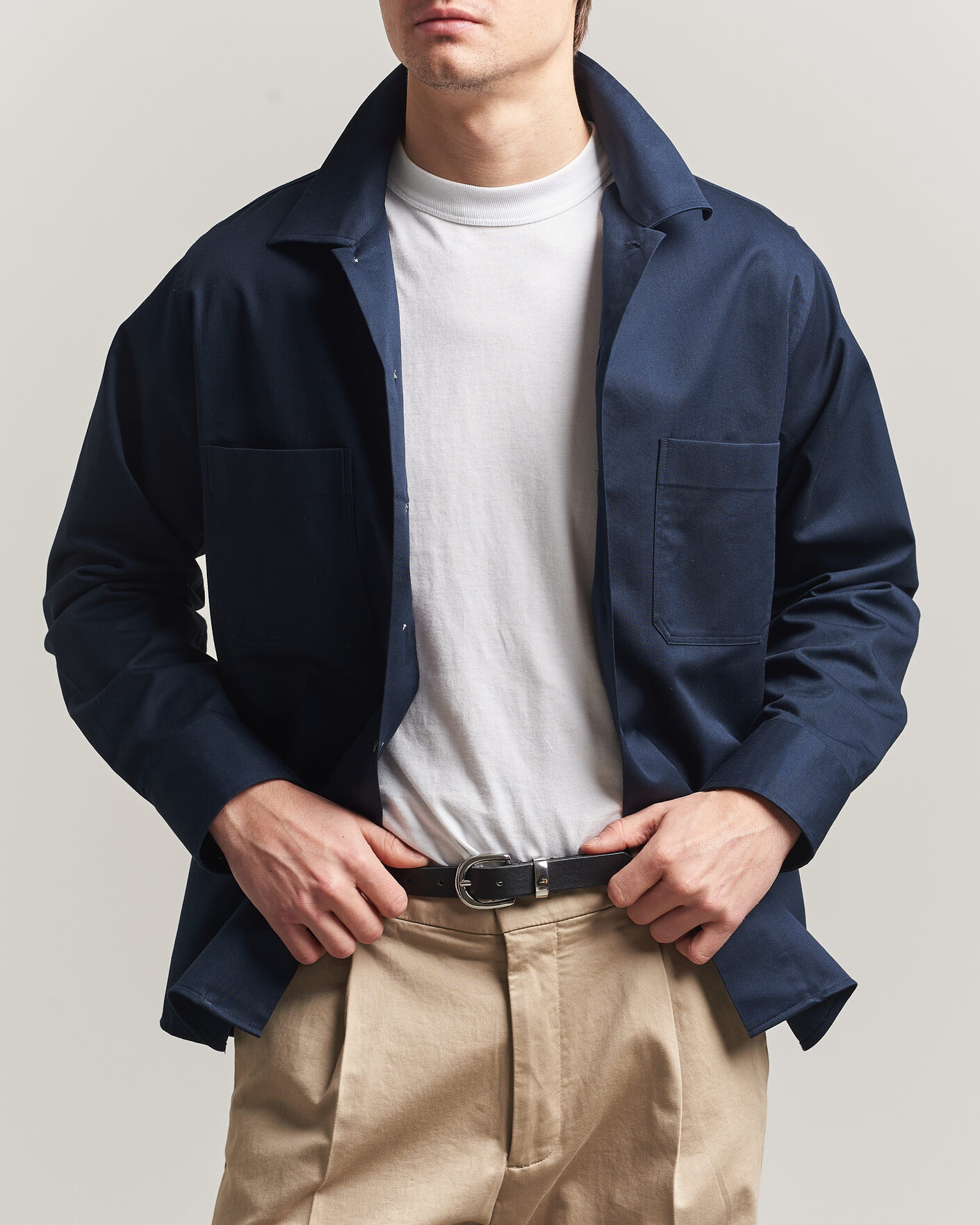 Oscar Jacobson Straight Fit Bowling Collar Cotton Shirt Navy at