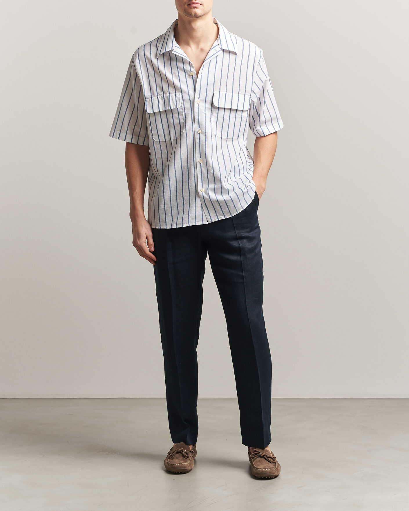Men | Shirts | Oscar Jacobson | Striped Short Sleeve Linen Shirt Navy/White