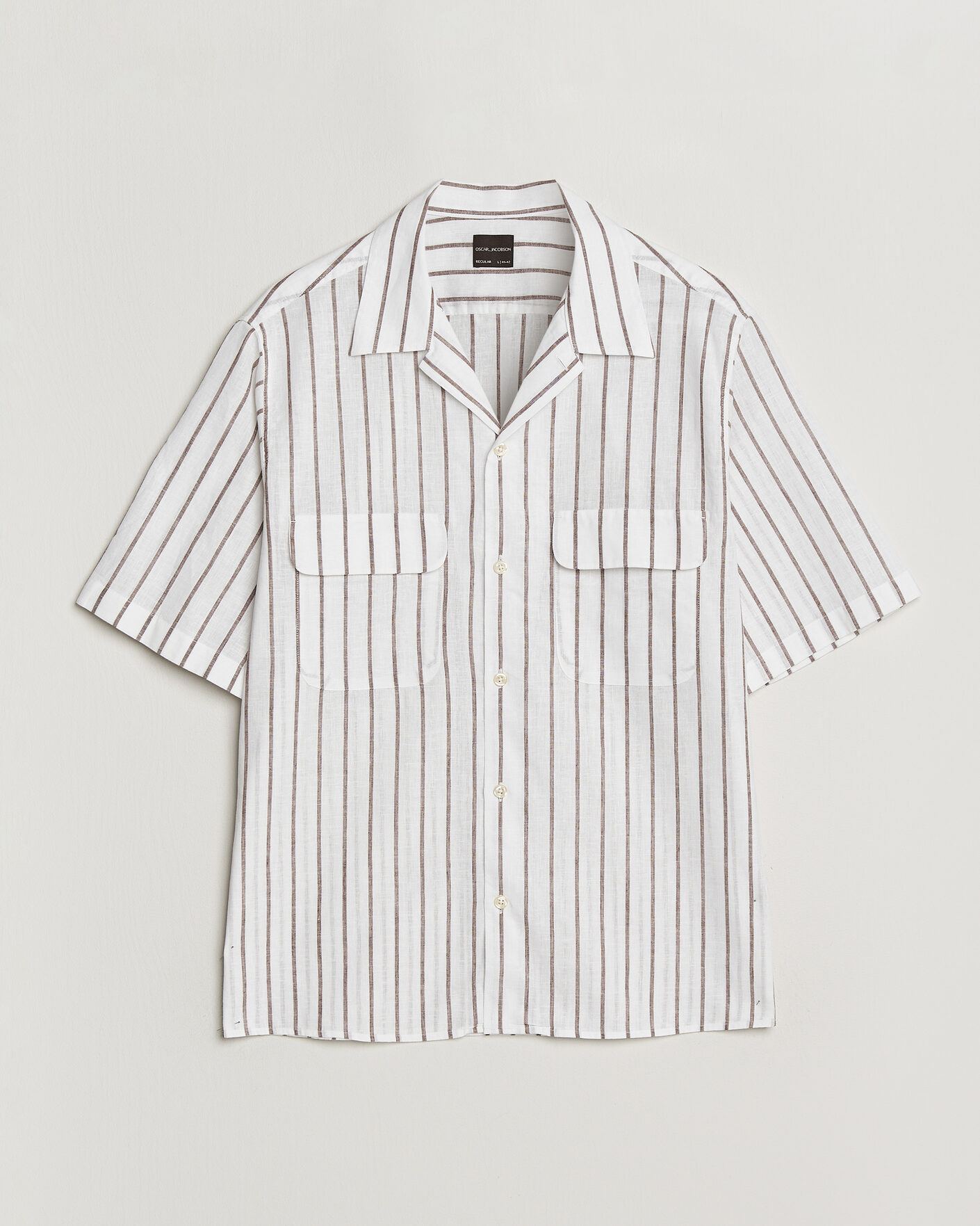 Men | Shirts | Oscar Jacobson | Striped Short Sleeve Linen Shirt Brown/White