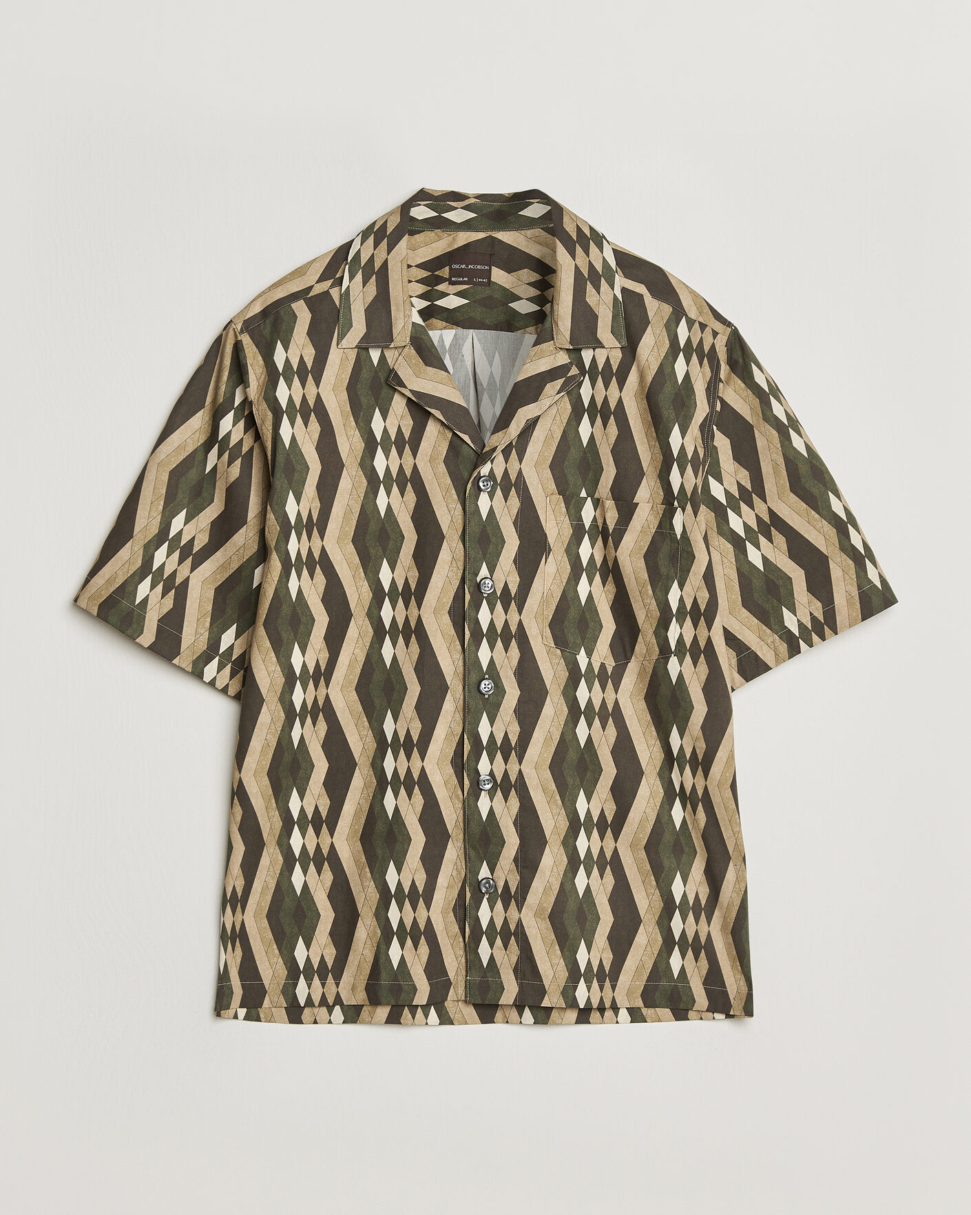 Men | Shirts | Oscar Jacobson | Reg Fit Cuban Printed Short Sleeve Shirt Olive