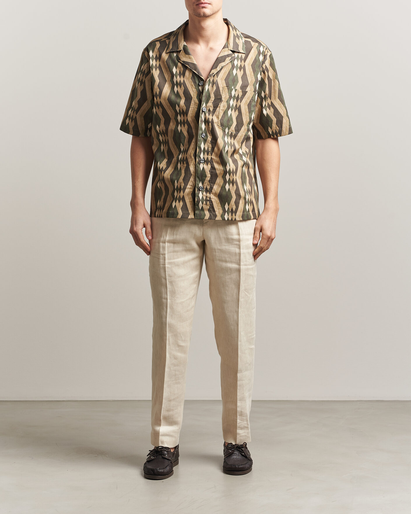 Men | Shirts | Oscar Jacobson | Reg Fit Cuban Printed Short Sleeve Shirt Olive