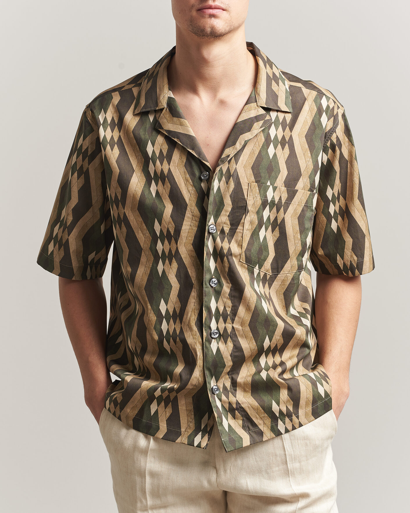 Men | Shirts | Oscar Jacobson | Reg Fit Cuban Printed Short Sleeve Shirt Olive