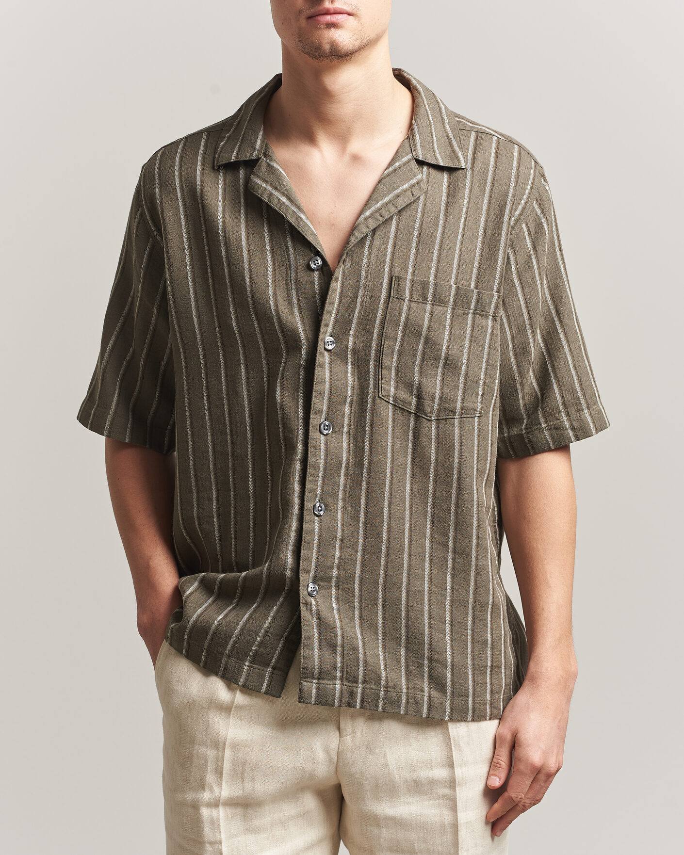 Men | Shirts | Oscar Jacobson | Reg Fit Cuban Herringbone Short Sleeve Shirt Green