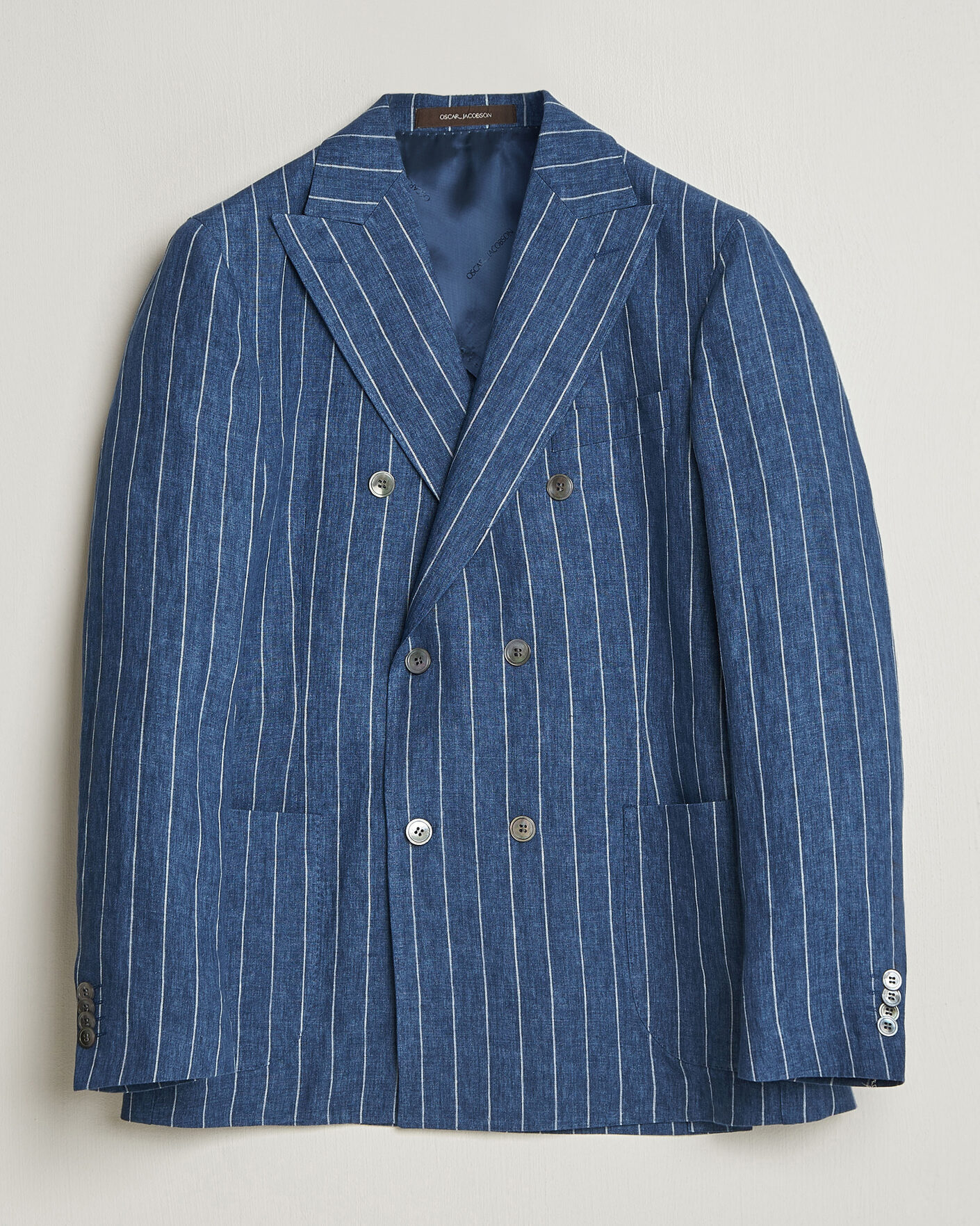 Men | Blazers | Oscar Jacobson | Farrys Patch Striped Linen Blazer Blue