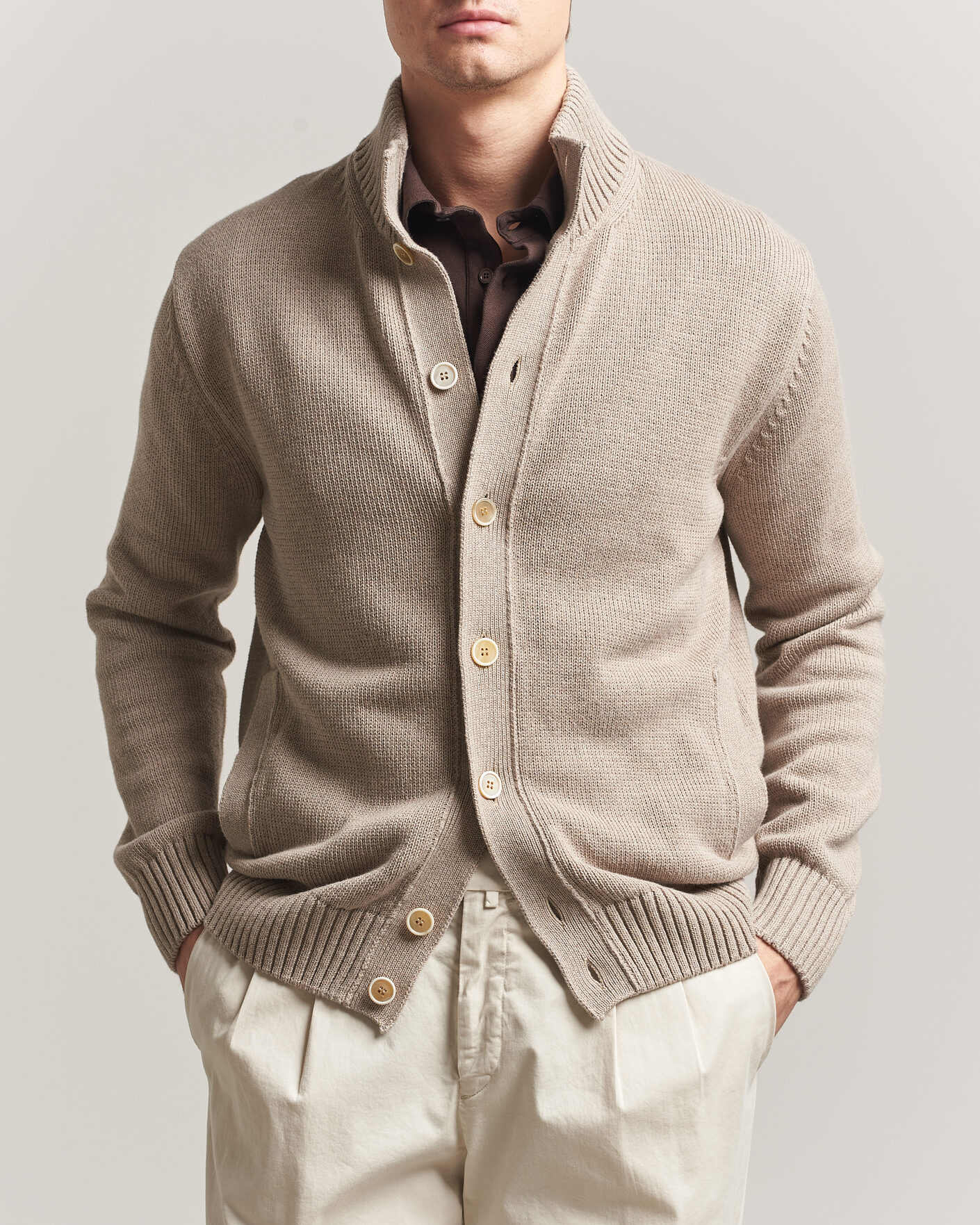 Zanone Soft Cotton Chioto Cardigan Taupe at CareOfCarl.com
