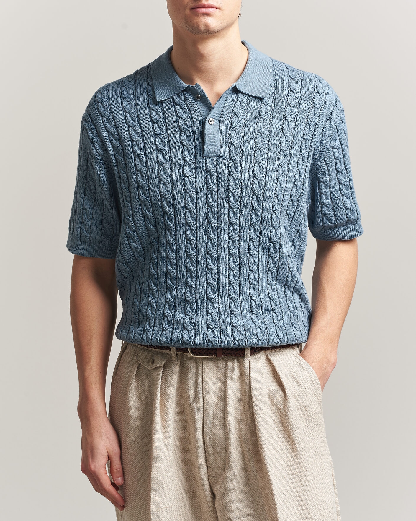 BEAMS PLUS Short Sleeve Cable Polo Blue at CareOfCarl.com