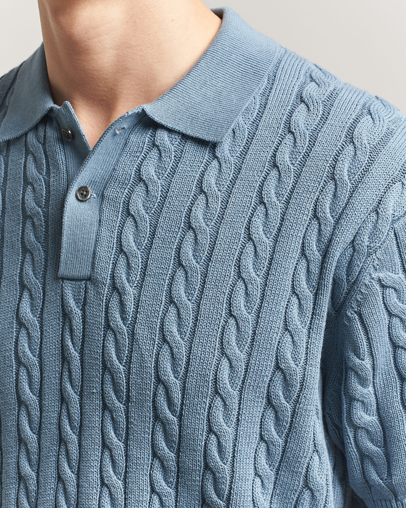 BEAMS PLUS Short Sleeve Cable Polo Blue at CareOfCarl.com