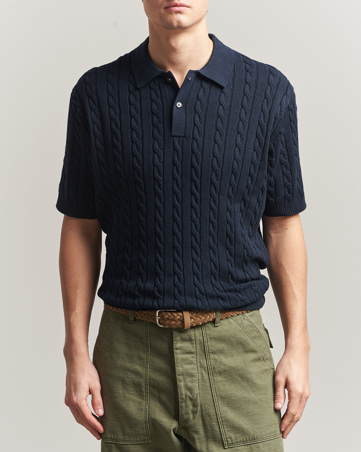 Men | Polo Shirts | BEAMS PLUS | Short Sleeve Cable Polo Navy