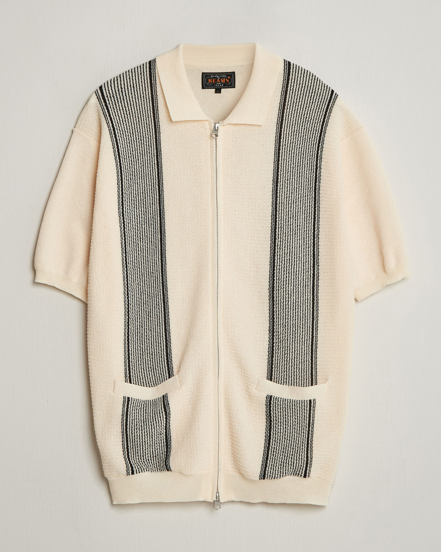 BEAMS PLUS Zip Knit Striped Polo Off White at CareOfCarl.com