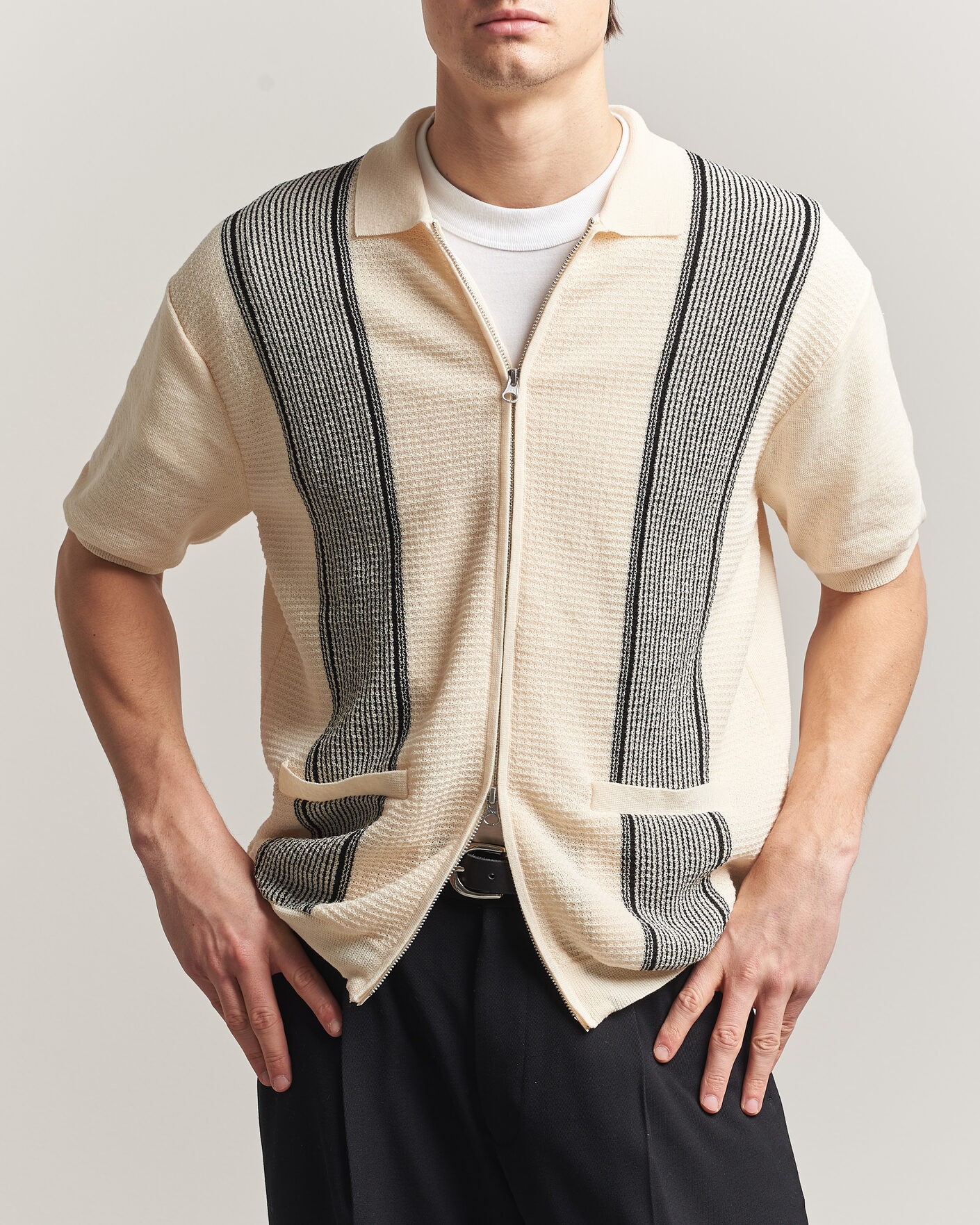 BEAMS PLUS Zip Knit Striped Polo Off White at CareOfCarl.com