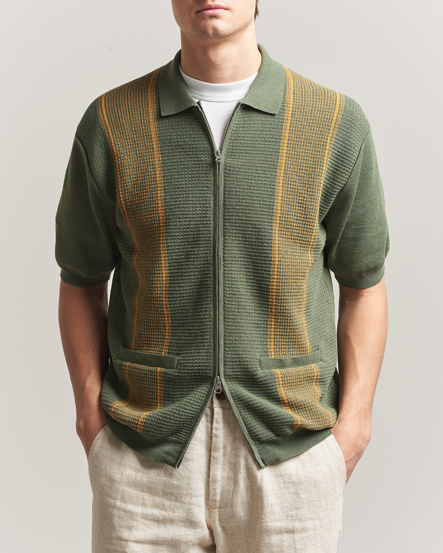 BEAMS PLUS Zip Knit Striped Polo Olive at CareOfCarl.com