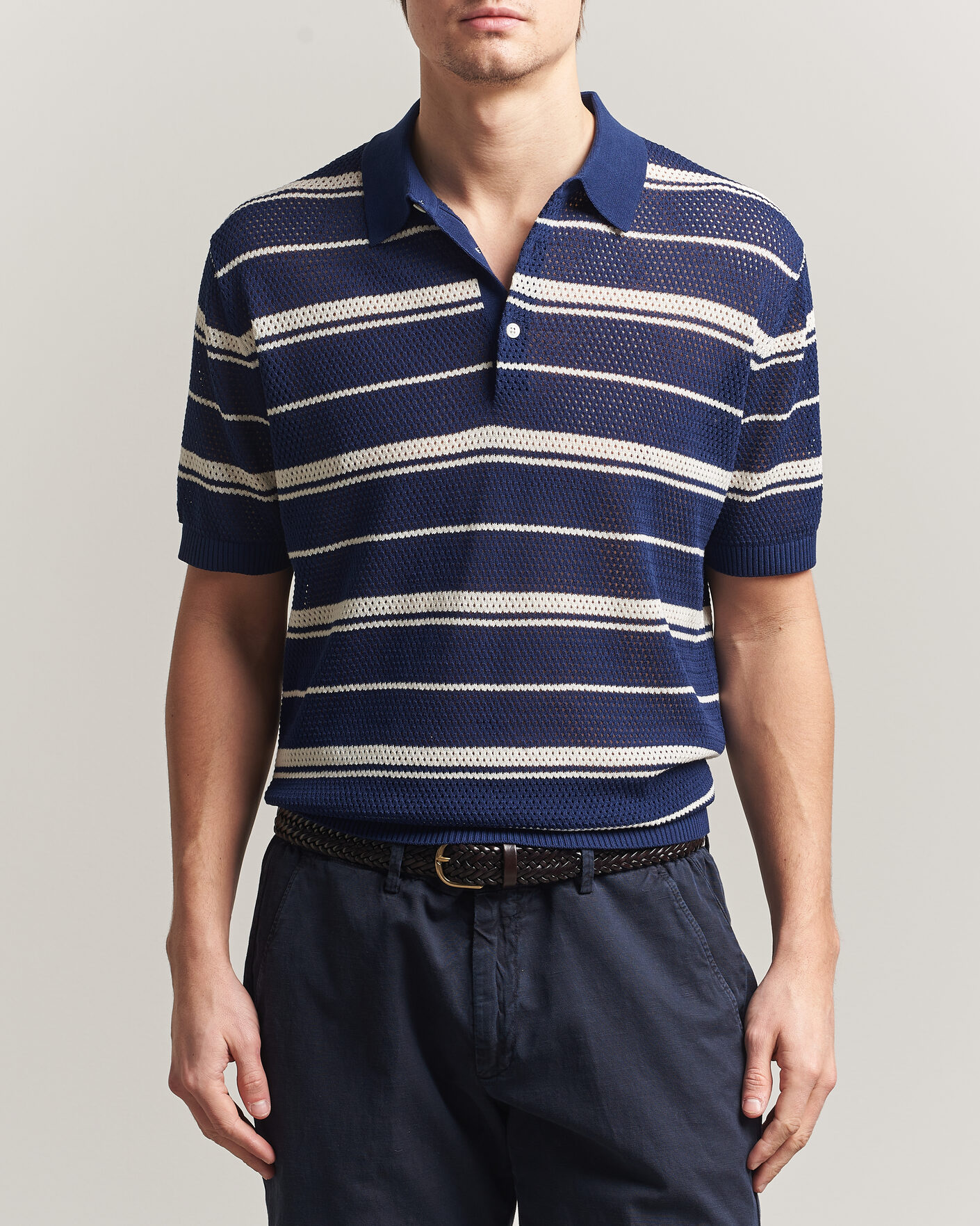 BEAMS PLUS Short Sleeve Mesh Knit Polo Navy at CareOfCarl.com