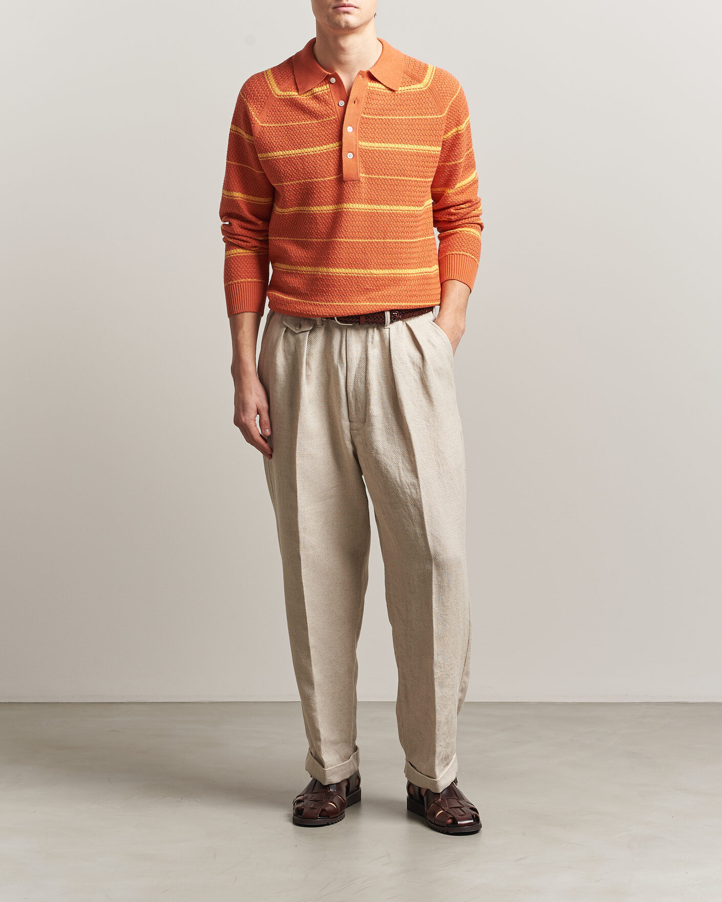 Men | Polo Shirts | BEAMS PLUS | Long Sleeve Knit Polo Orange Stripe