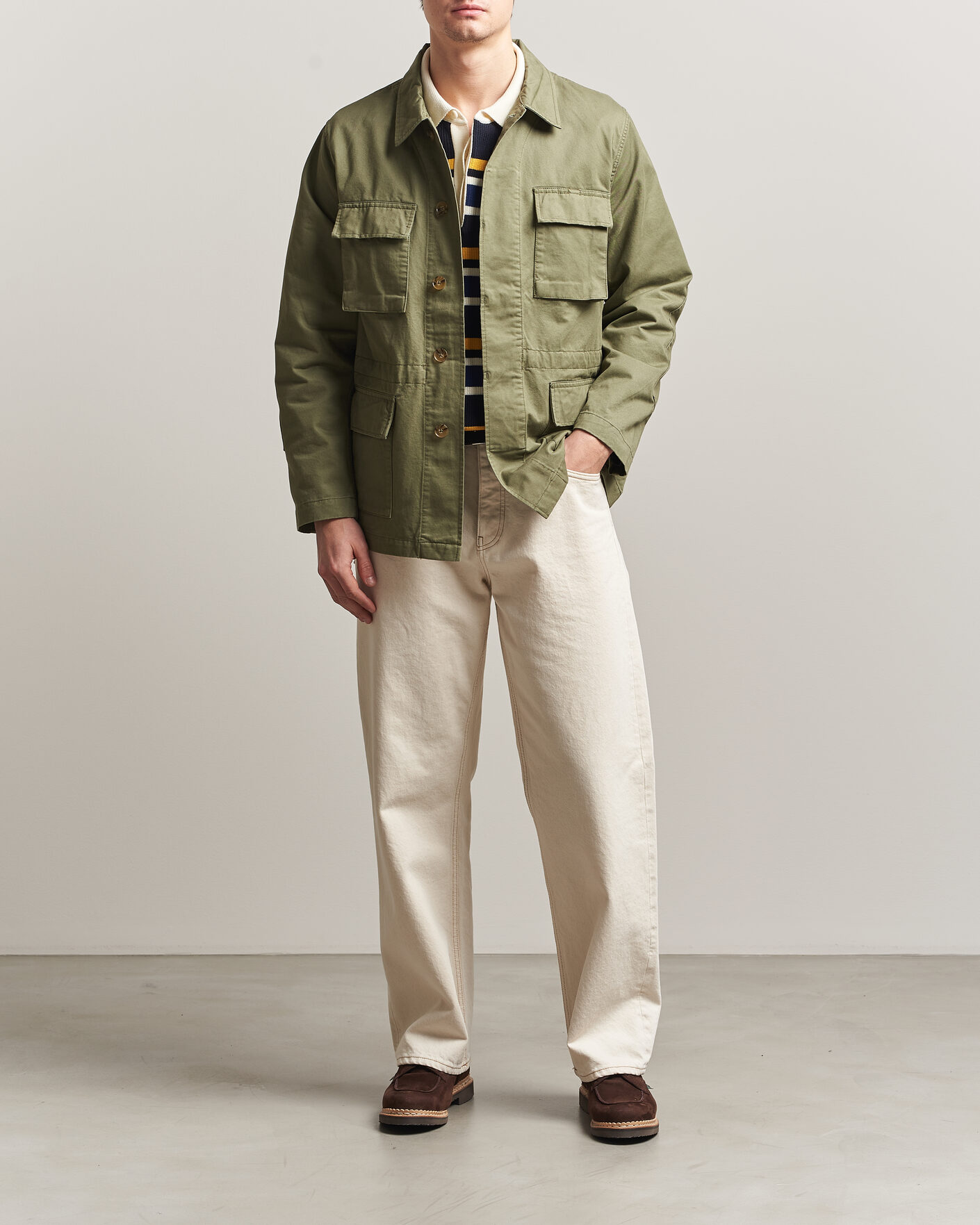 Men | Coats & Jackets | Baracuta | Washed Cotton Twill Field Shacket Lichen Green