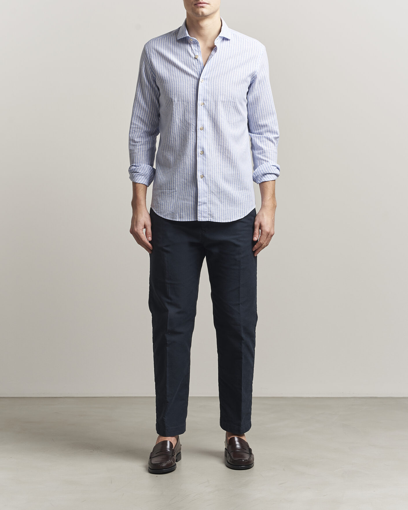 Men | Shirts | Grigio | Washed Cotton/Linen Shirt Blue Stripe