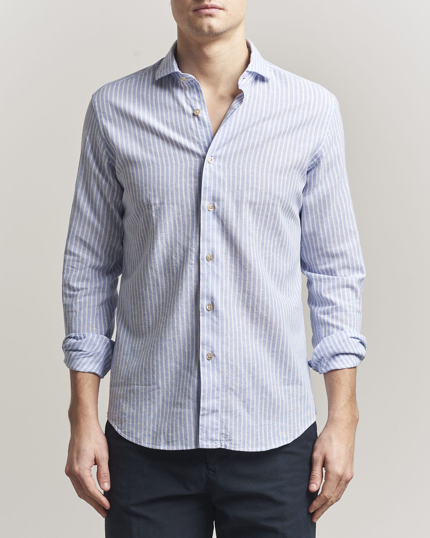 Men | Shirts | Grigio | Washed Cotton/Linen Shirt Blue Stripe