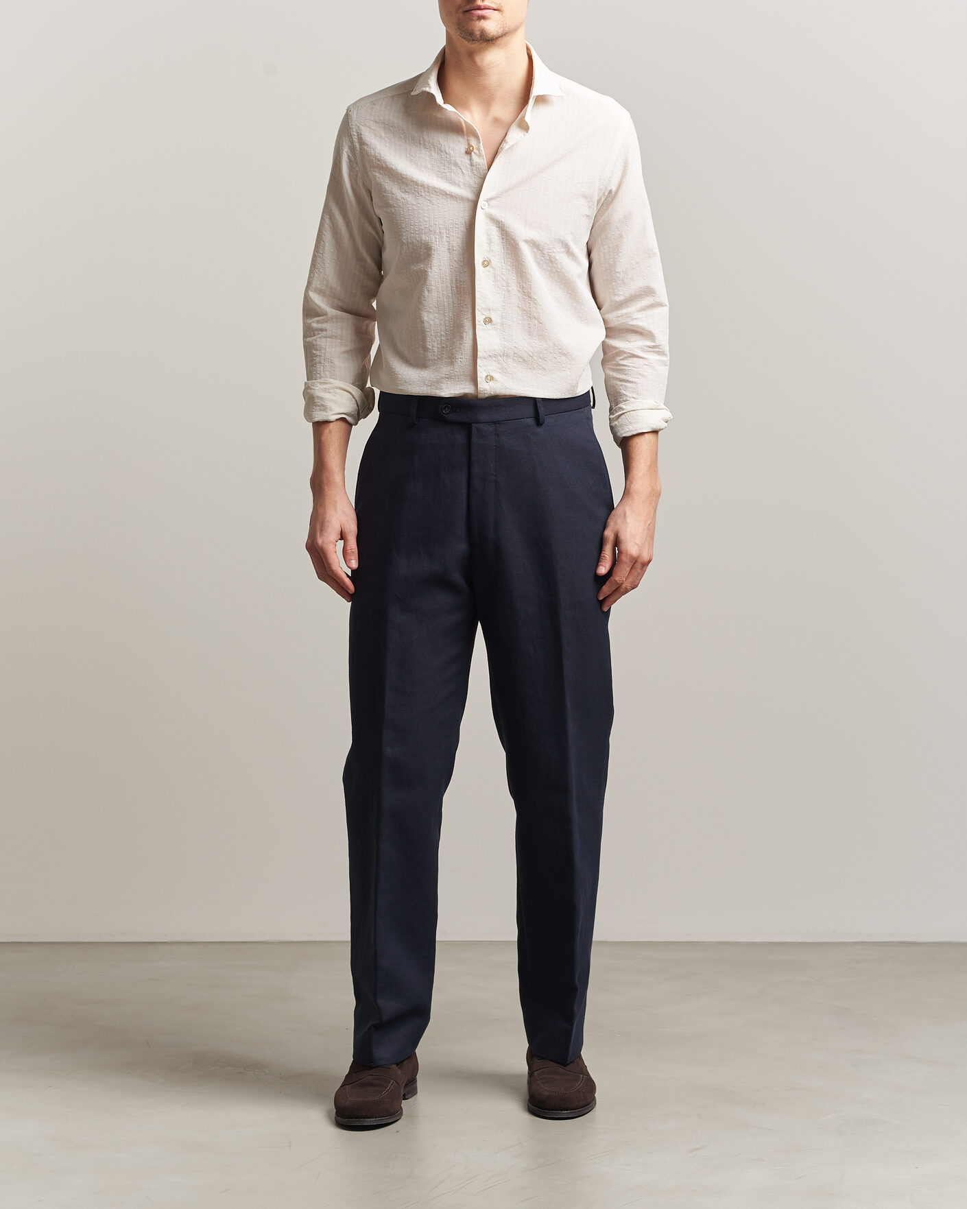 Men | Shirts | Grigio | Cotton/Linen Seersucker Shirt Off White