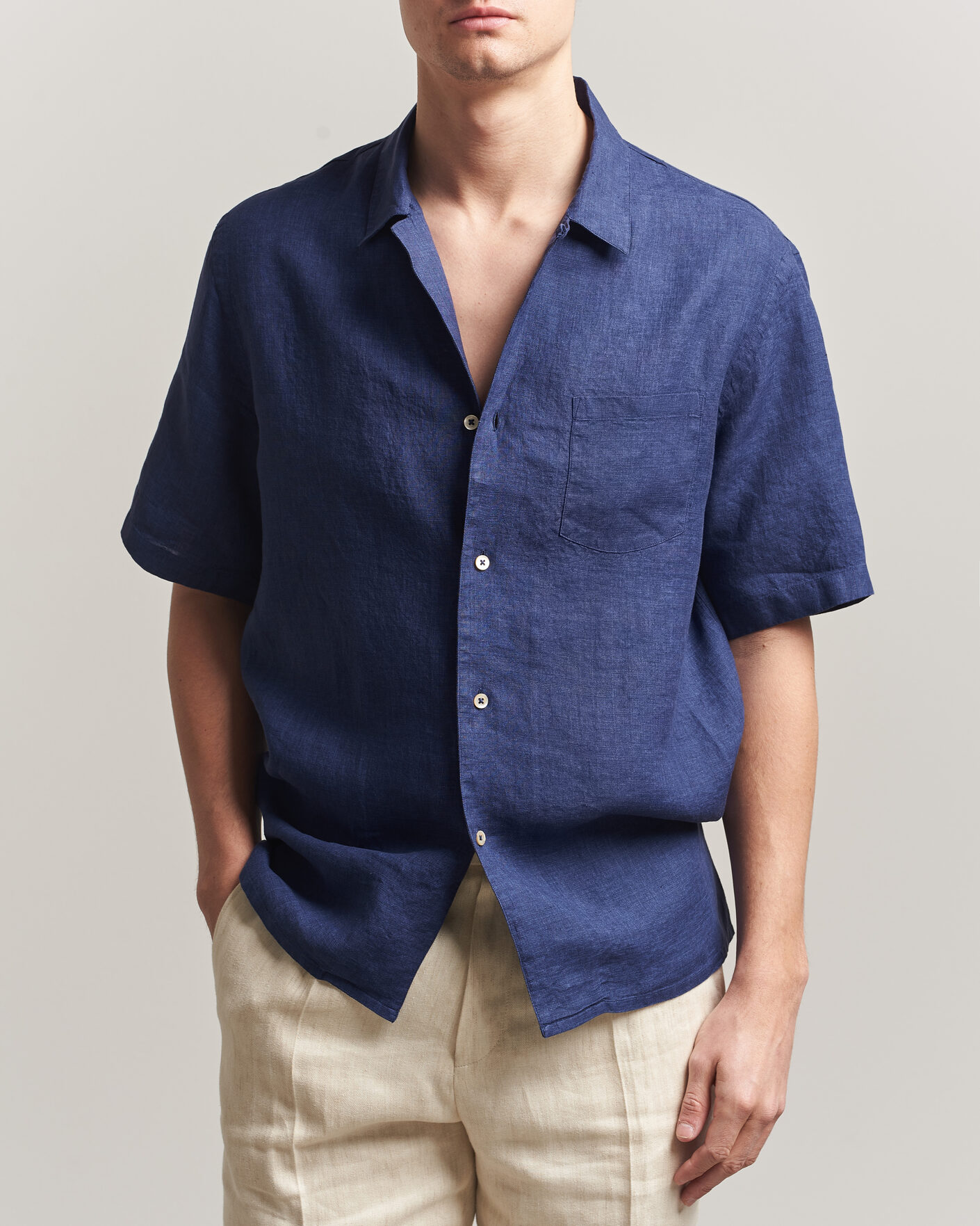 Men | Shirts | Grigio | Linen Camp Collar Shirt Navy