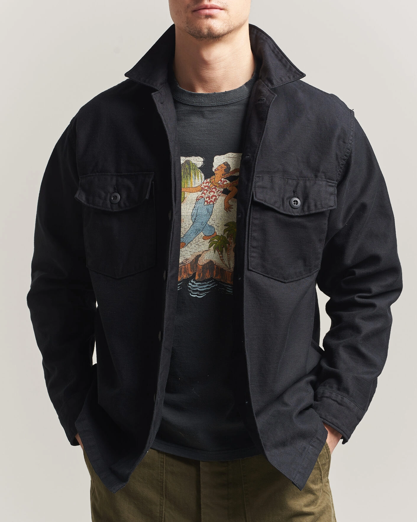 Men | Shirts | orSlow | Cotton Sateen US Army Overshirt Black