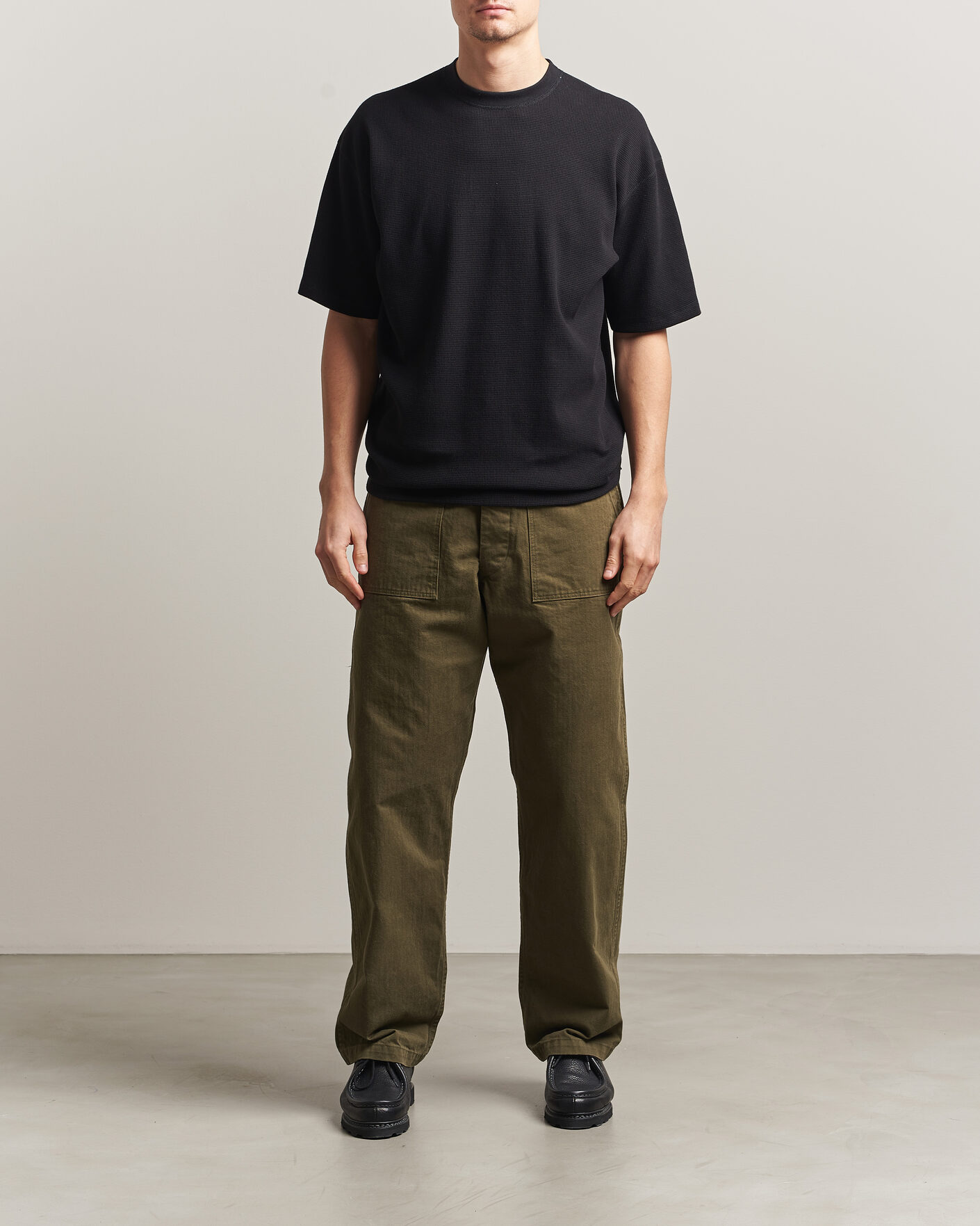 Men | T-Shirts | orSlow | Waffle Cotton T-Shirt Black