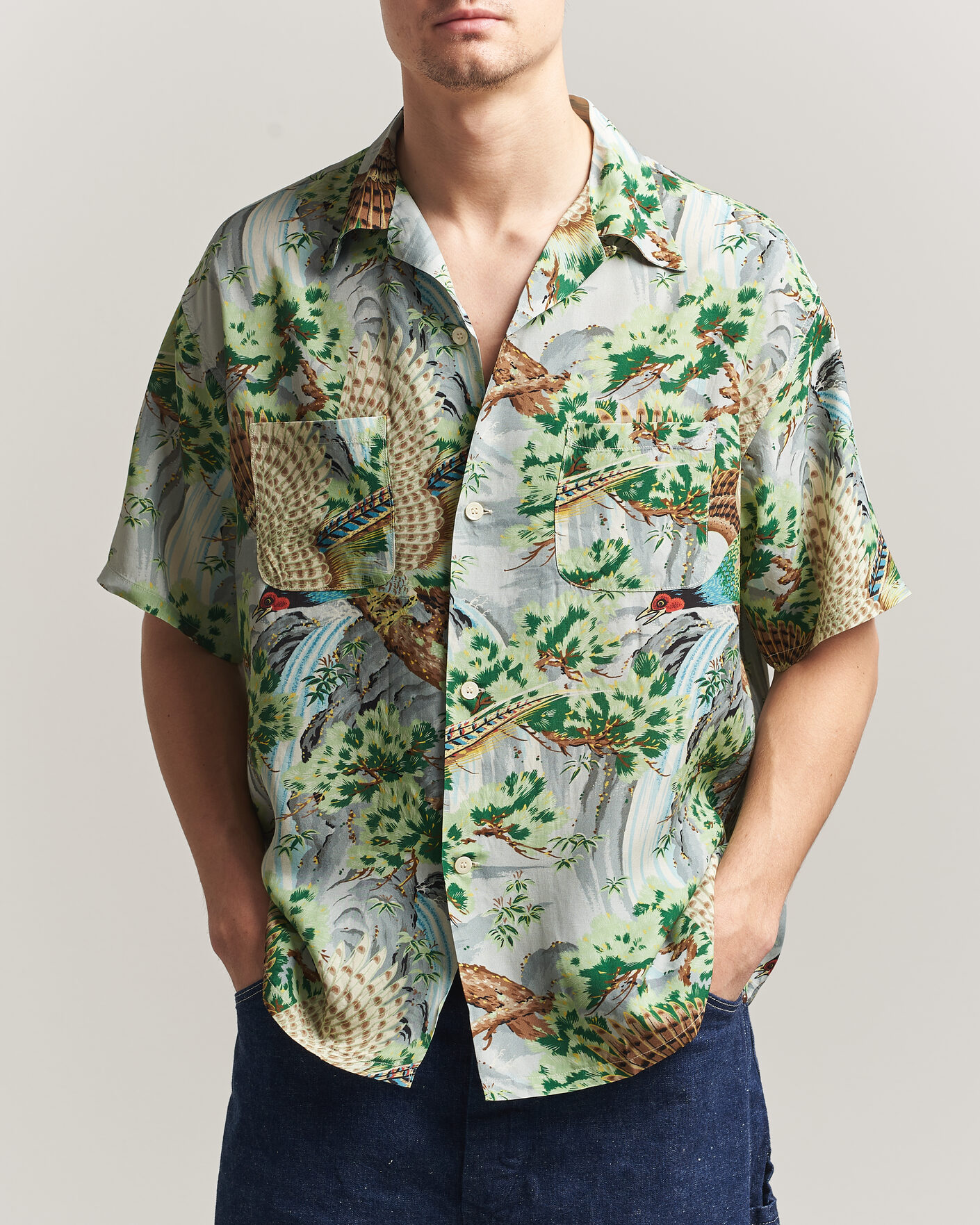 Men | Shirts | orSlow | Peacock Garden Hawaiian Shirt Green