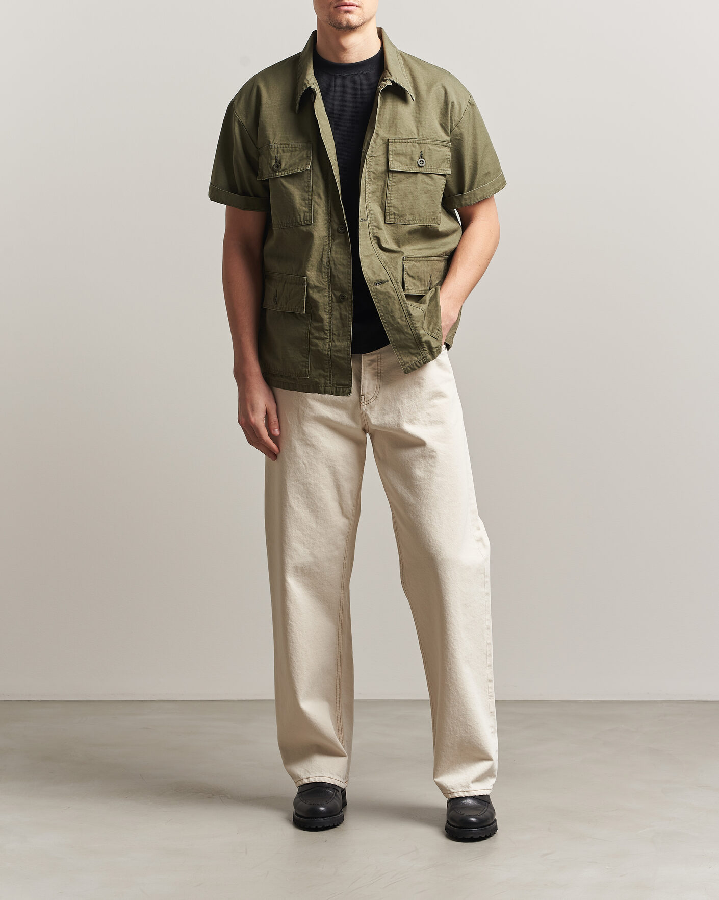 Men | Shirts | orSlow | Short Sleeve Utility Shirt Army Green