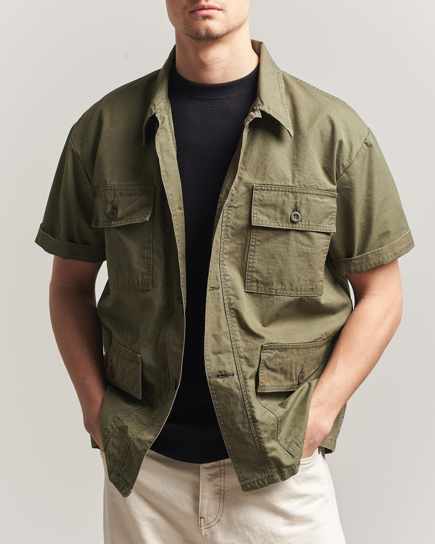 Men | Shirts | orSlow | Short Sleeve Utility Shirt Army Green