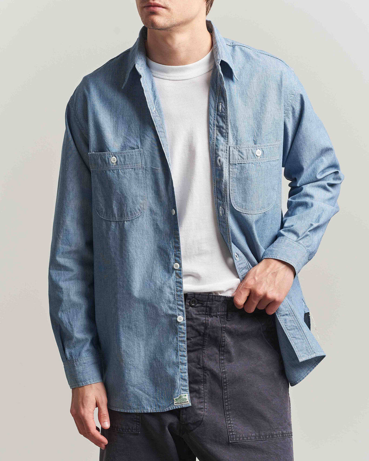 Men | Shirts | orSlow | Relax Fit Chambray Work Shirt Hickory Stirpe