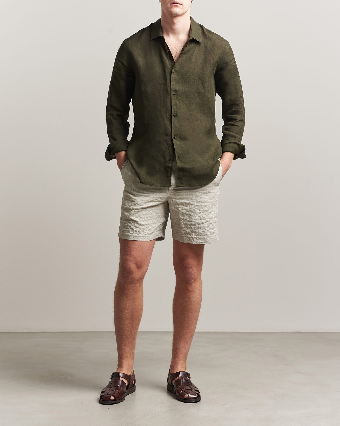 Men | Shirts | Orlebar Brown | Giles Linen Stiched Shirt Bayleaf Green