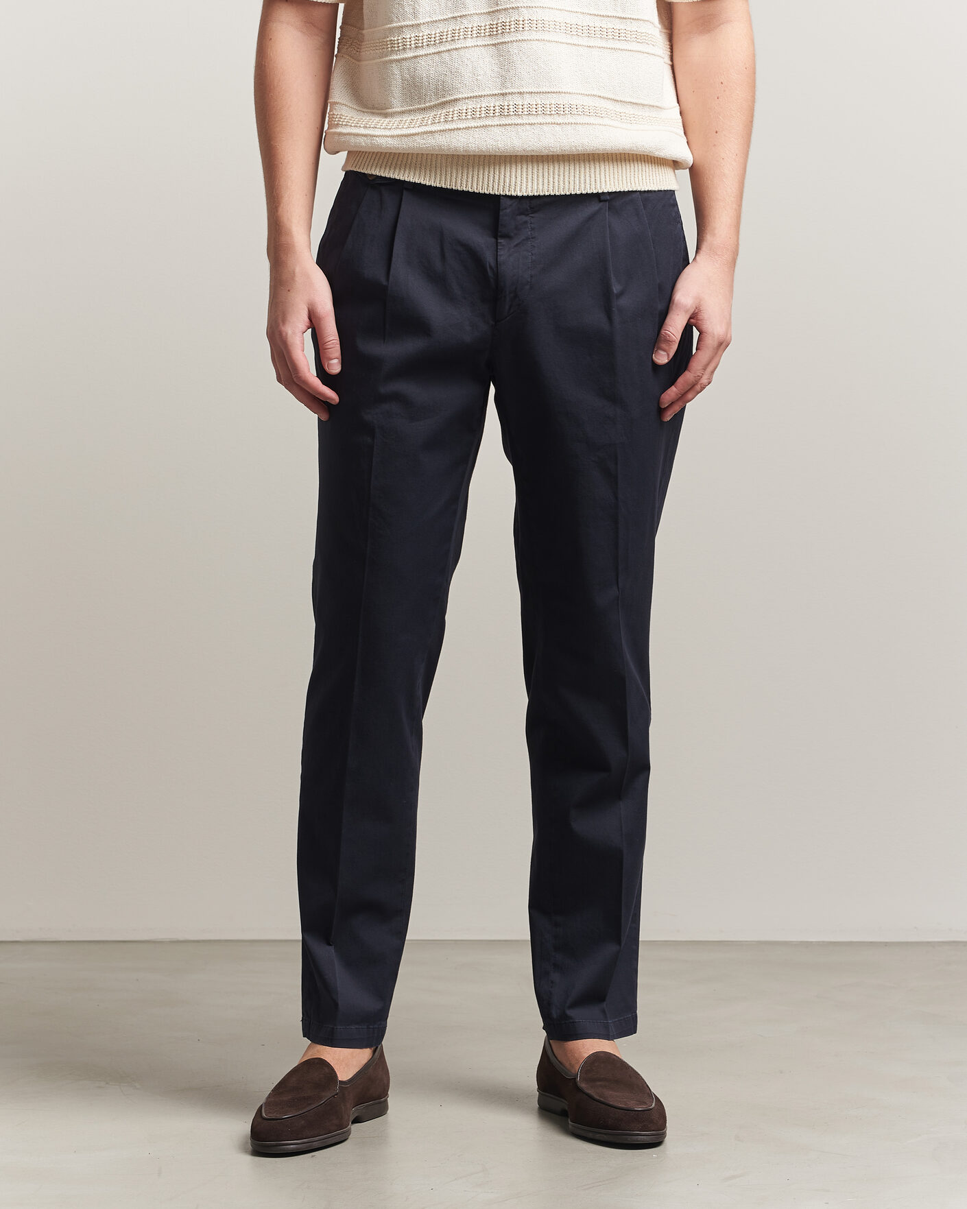 Men | Trousers | Briglia 1949 | Easy Fit Pleated Cotton Stretch Chino Navy