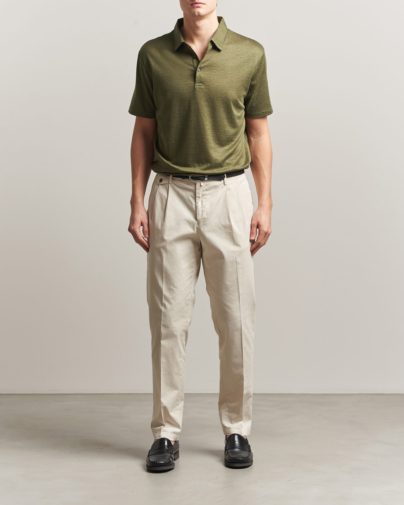 Men | Polo Shirts | Charles Tyrwhitt | Short Sleeve Linen Polo Olive