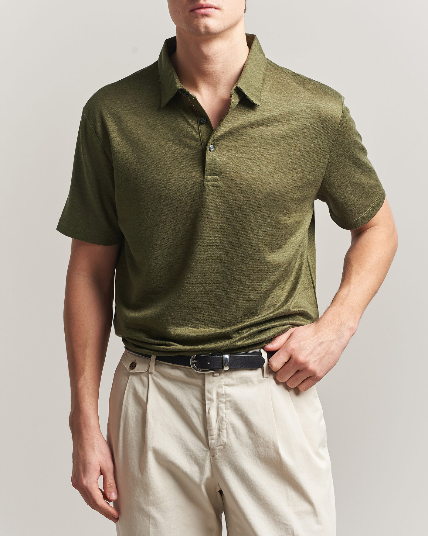 Men | Polo Shirts | Charles Tyrwhitt | Short Sleeve Linen Polo Olive