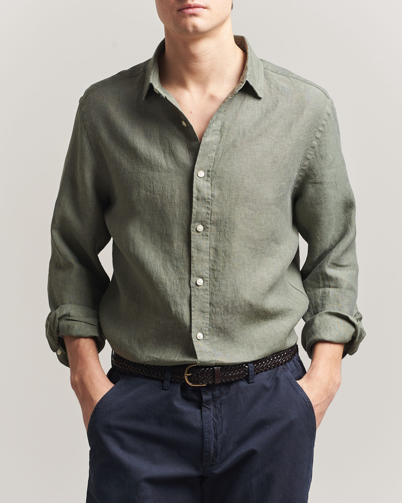 Men | Shirts | Charles Tyrwhitt | Pure Linen Slim Fit Shirt Olive Green
