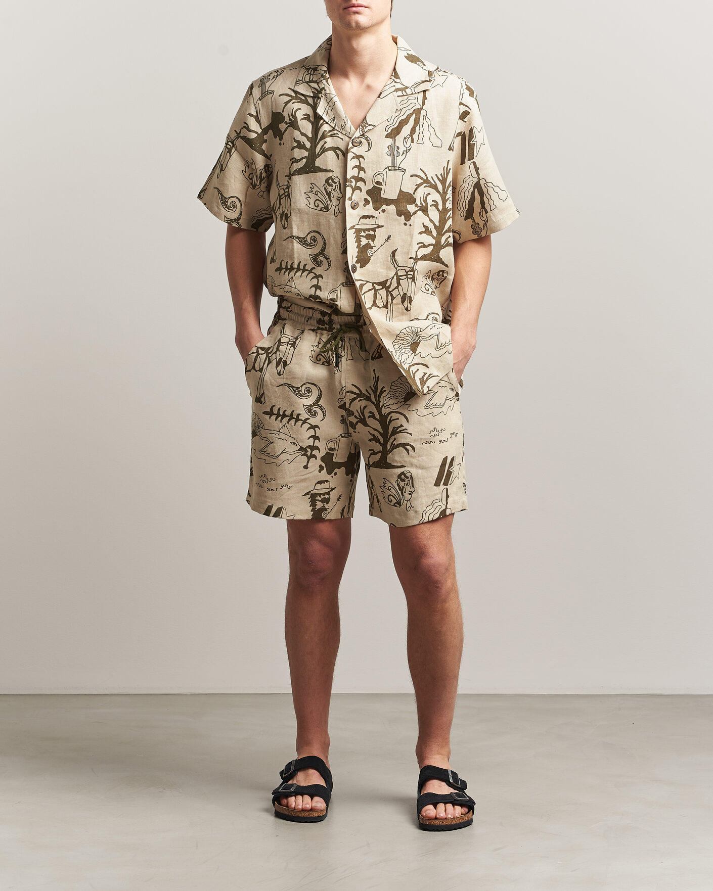 Men | Shirts | OAS | Cuba Short Sleeve Printed Linen Shirt Poplan