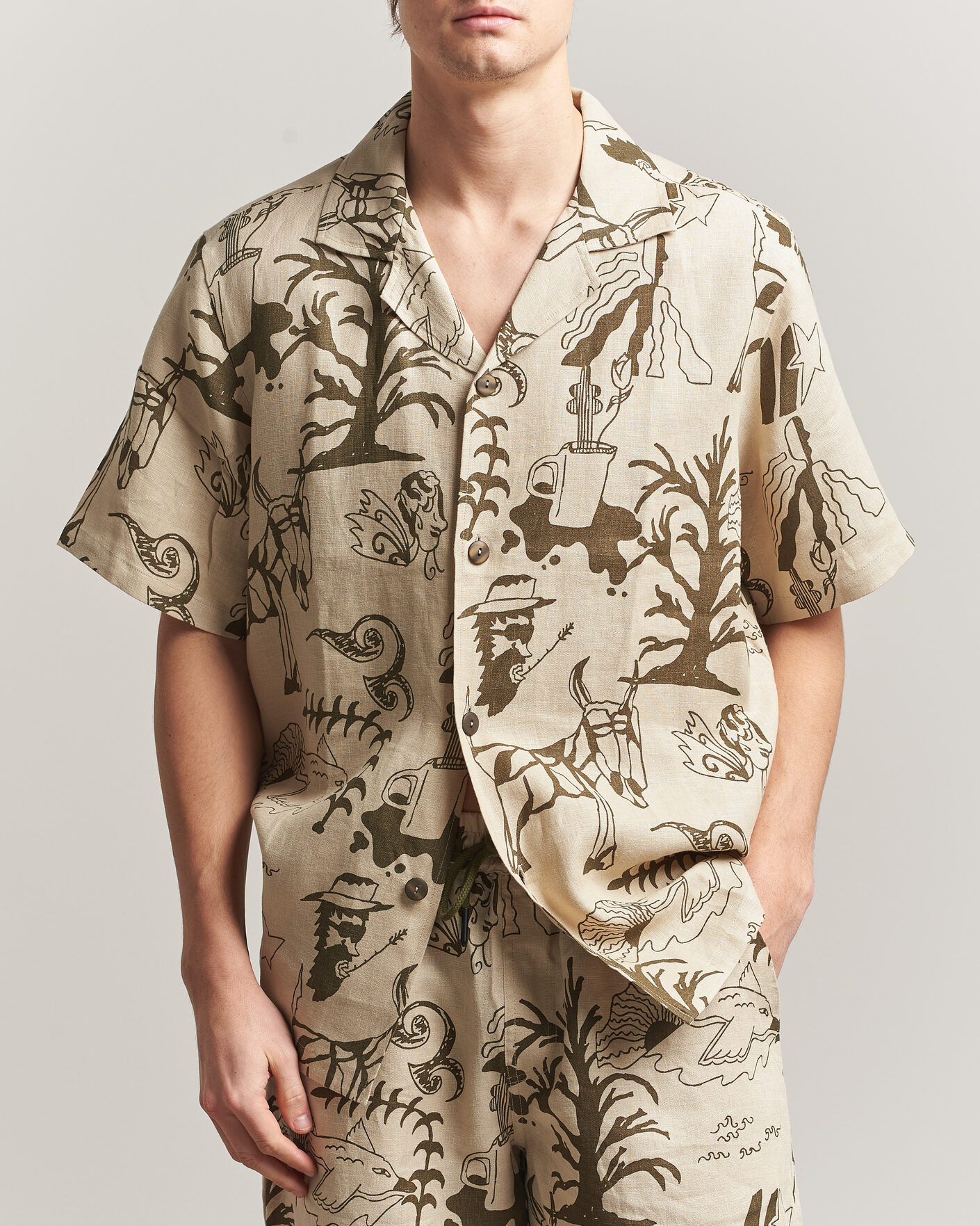 Men | Shirts | OAS | Cuba Short Sleeve Printed Linen Shirt Poplan