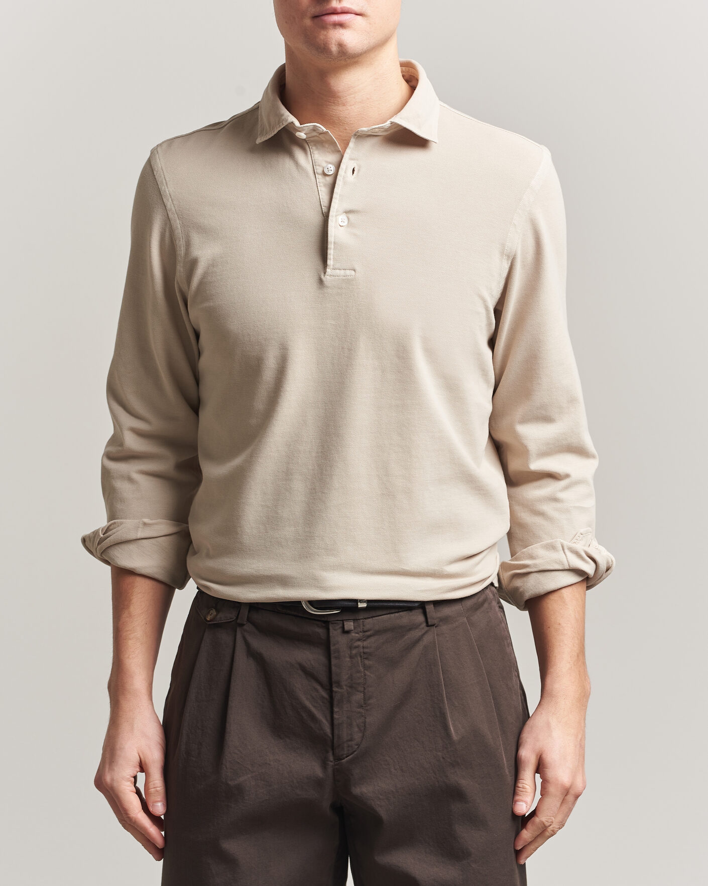 Men | Polo Shirts | Gran Sasso | Washed Long Sleeve Polo Beige Melange