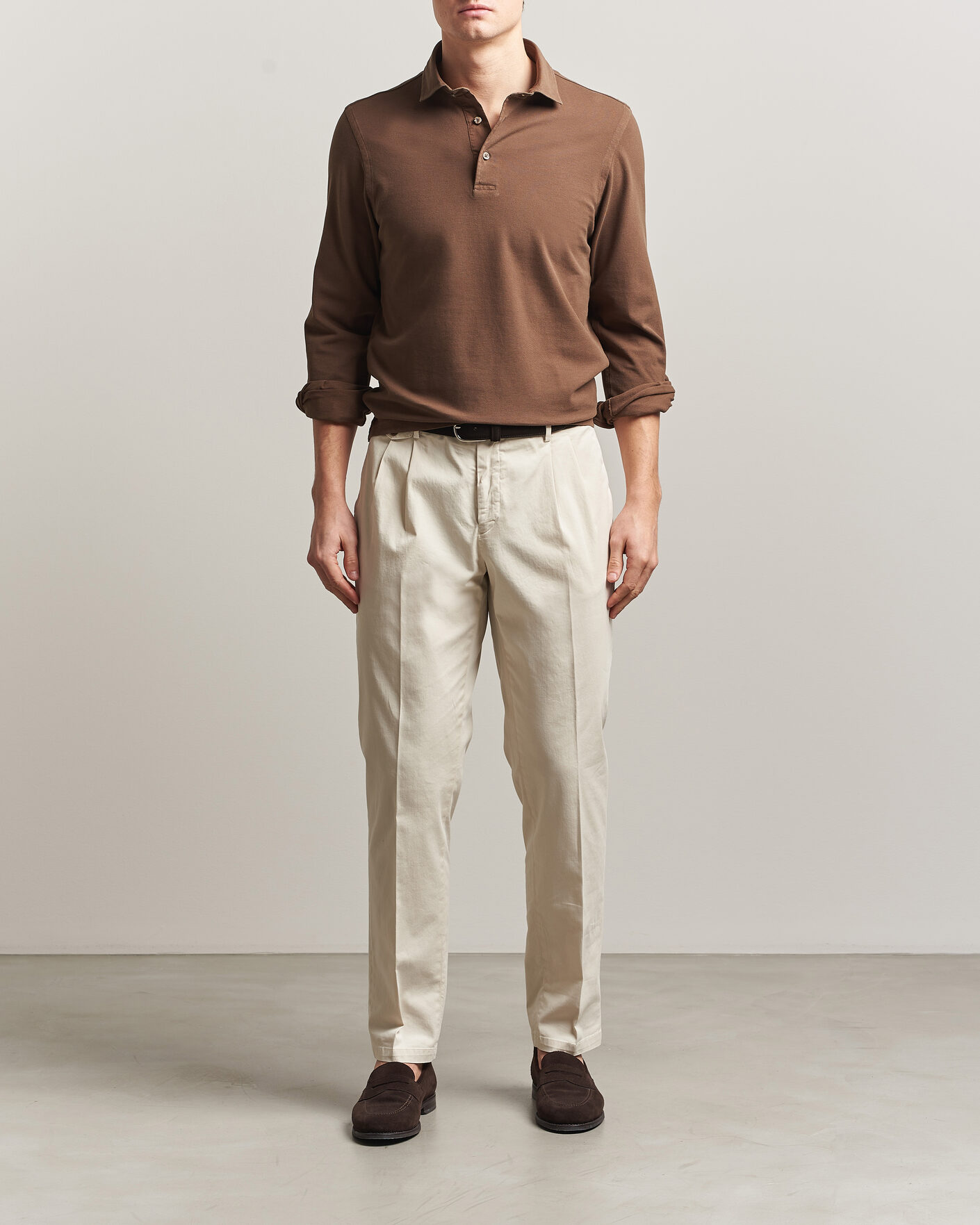 Men | Polo Shirts | Gran Sasso | Washed Long Sleeve Polo Brown