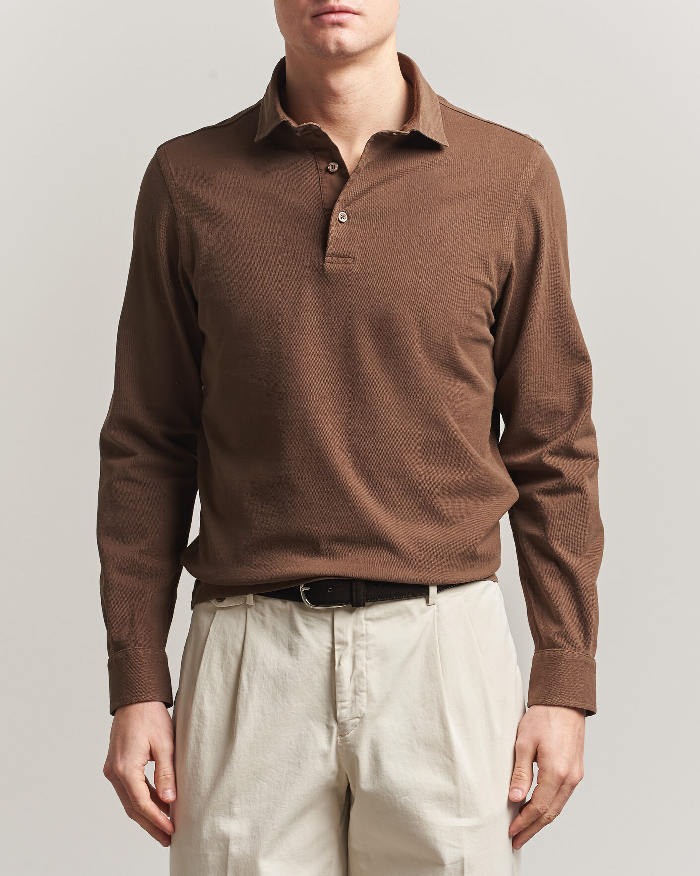 Men | Polo Shirts | Gran Sasso | Washed Long Sleeve Polo Brown