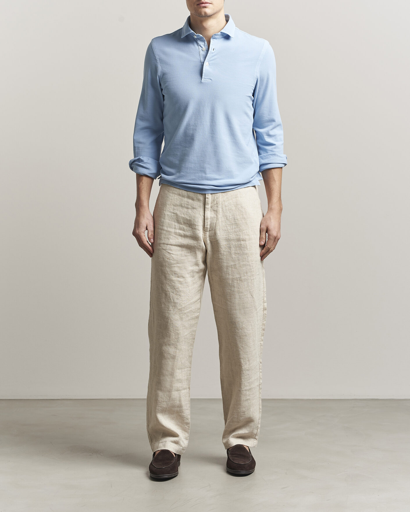 Men | Polo Shirts | Gran Sasso | Washed Long Sleeve Polo Light Blue