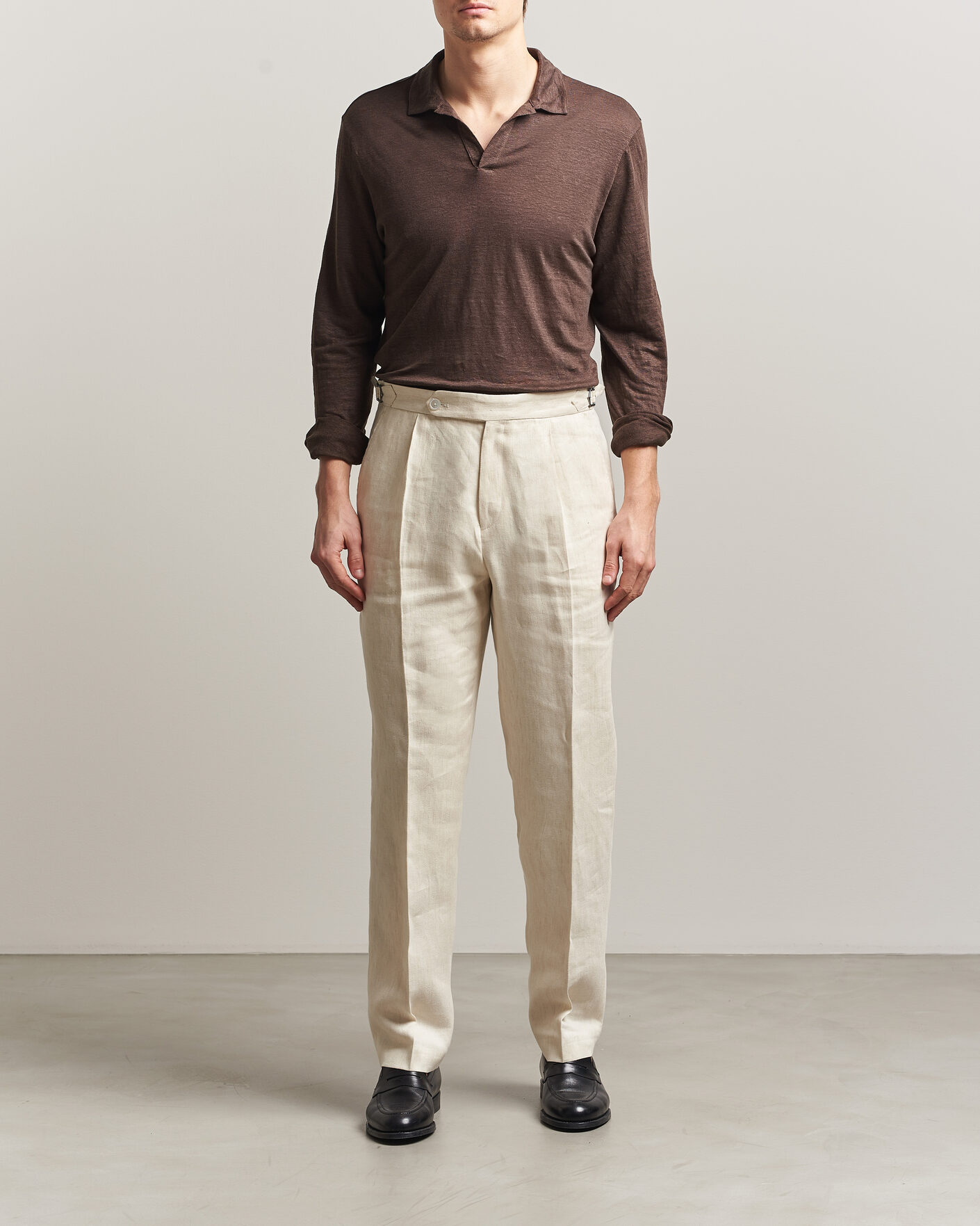 Men | Polo Shirts | Gran Sasso | Washed Linen Long Sleeve Polo Brown Melange