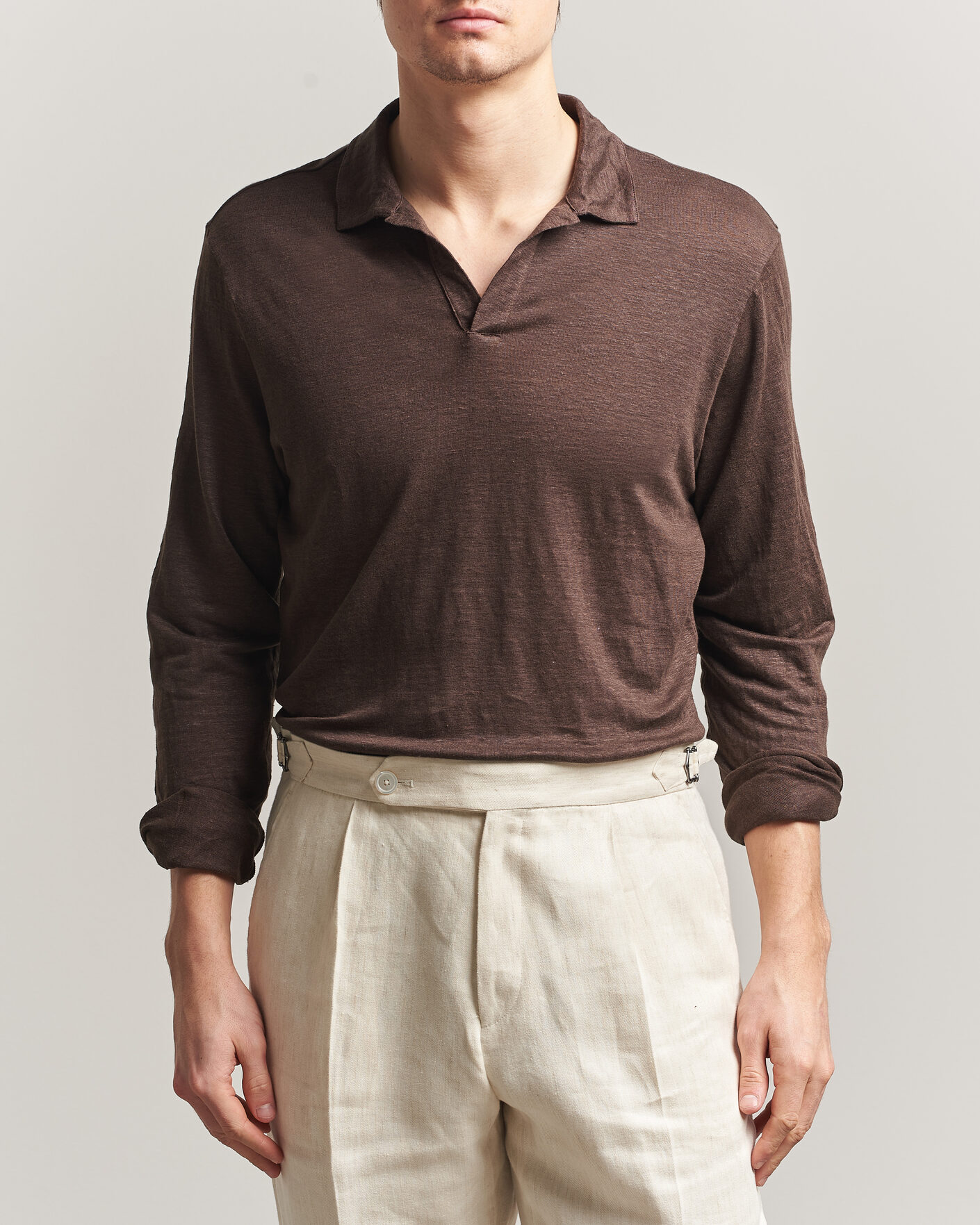 Men | Polo Shirts | Gran Sasso | Washed Linen Long Sleeve Polo Brown Melange