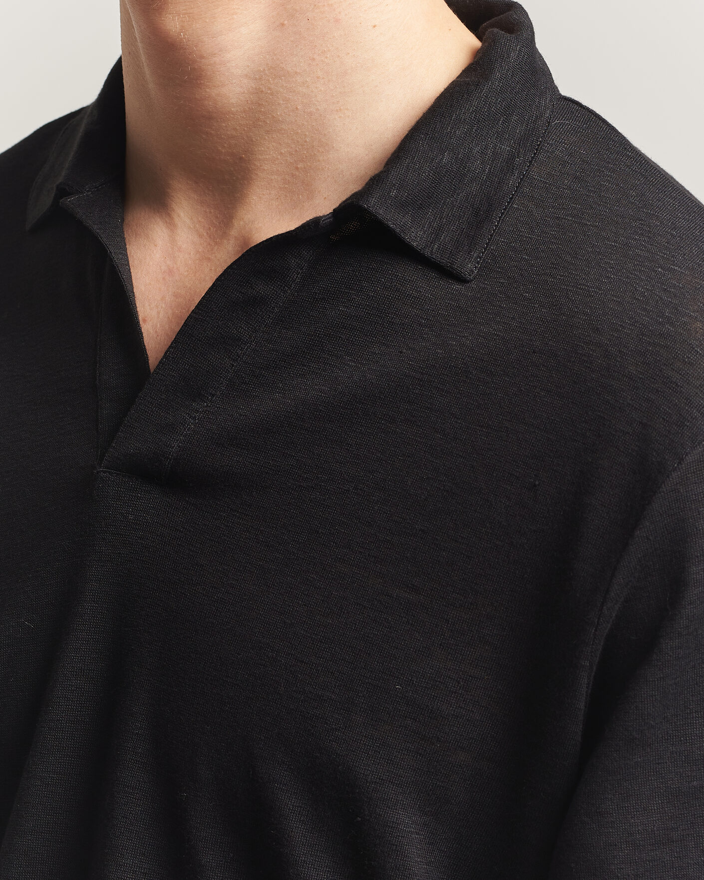 Men | Polo Shirts | Gran Sasso | Washed Linen Long Sleeve Polo Black